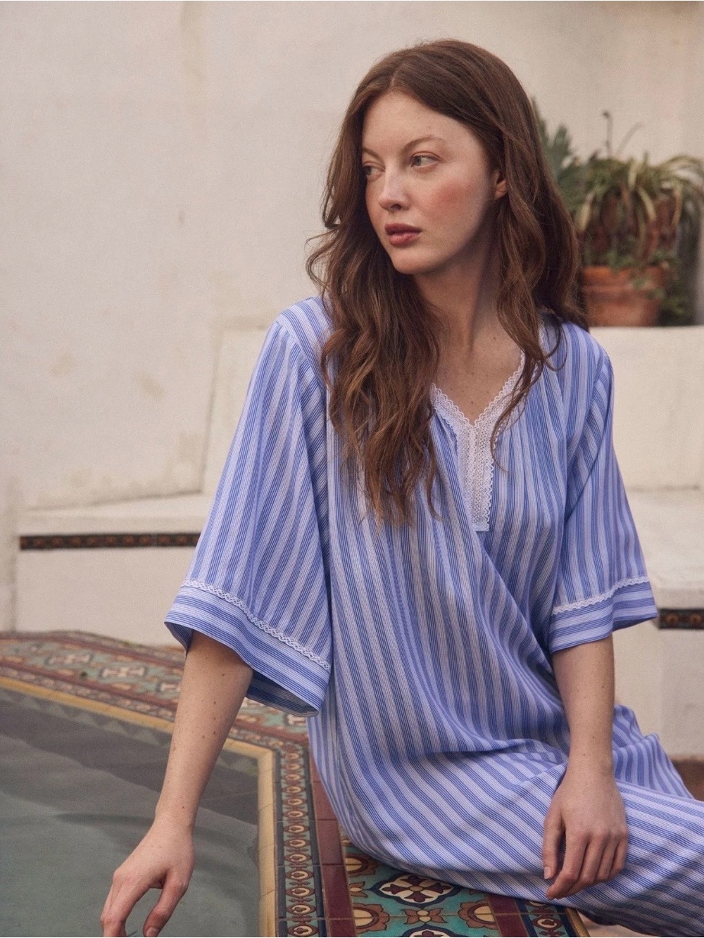 Eileen West Harbour Stripe Ecovero Rayon Caftan Blue White Stripe Lace Size L